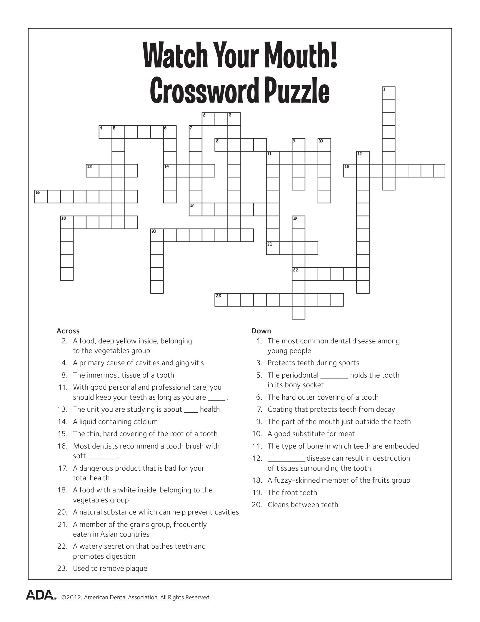 Printable Health Crossword Puzzles Printable Crossword Puzzles