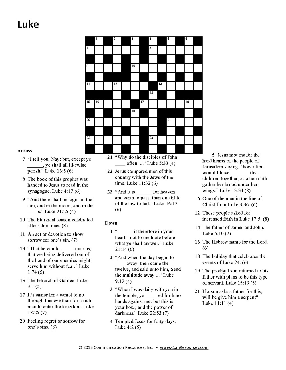 Musical Instruments In The Bible Crossword With Answer Sheet