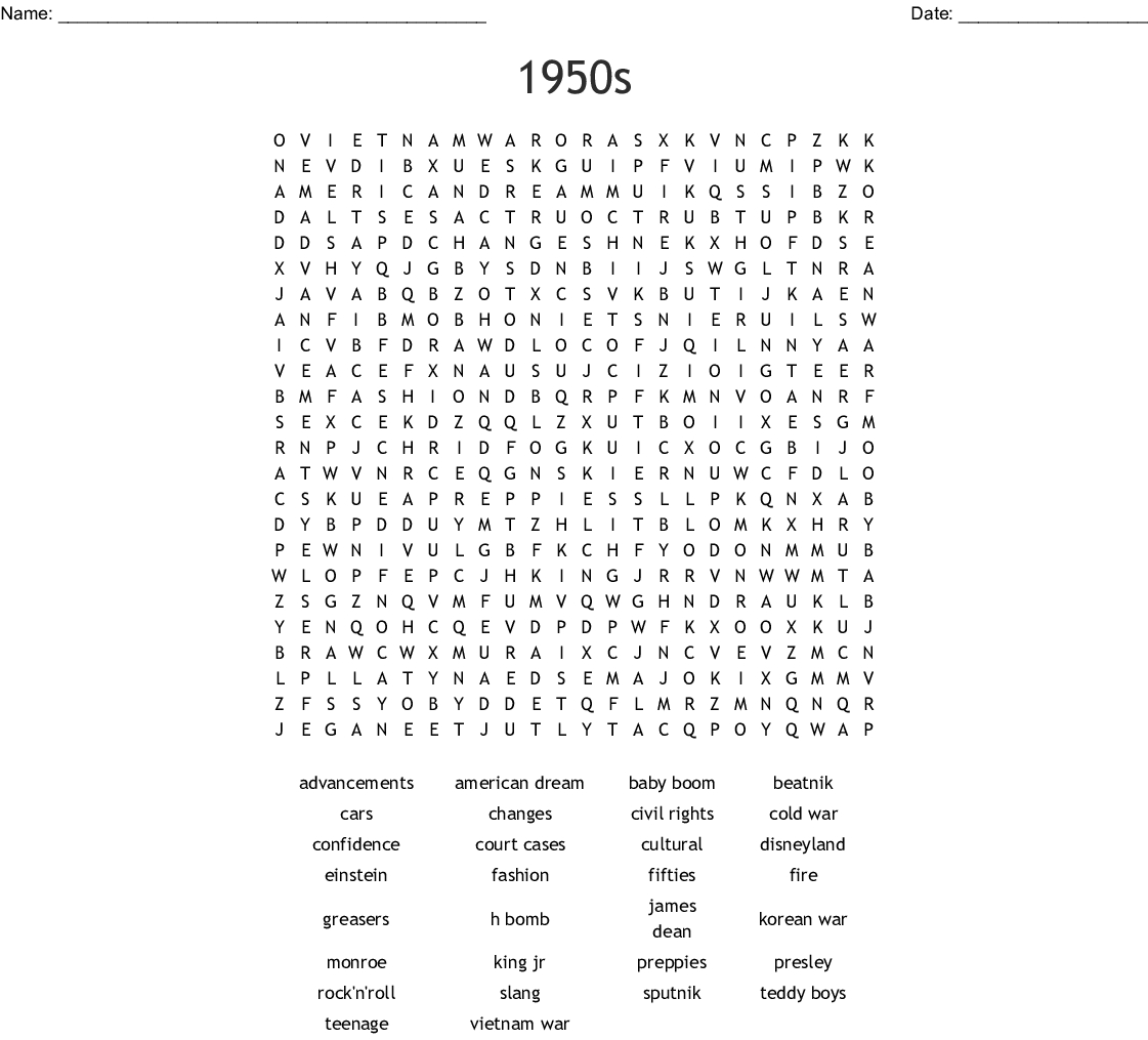 1950S Word Search - Wordmint - 1950S Crossword Puzzle Printable