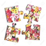 3D Rendering Of Four Puzzle Pieces With Flower Print On White   Print On Puzzle Pieces