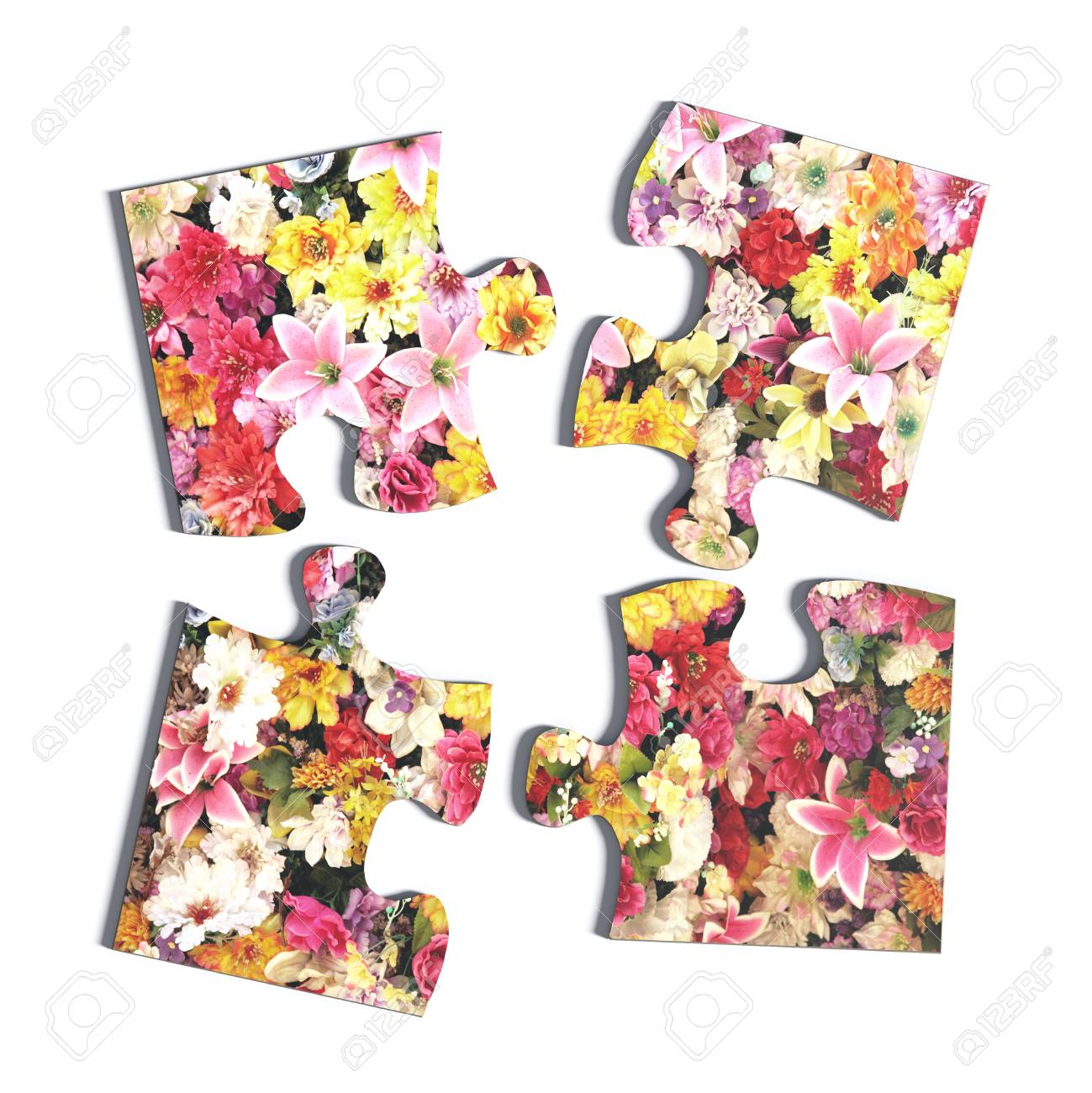 3D Rendering Of Four Puzzle Pieces With Flower Print On White - Print On Puzzle Pieces