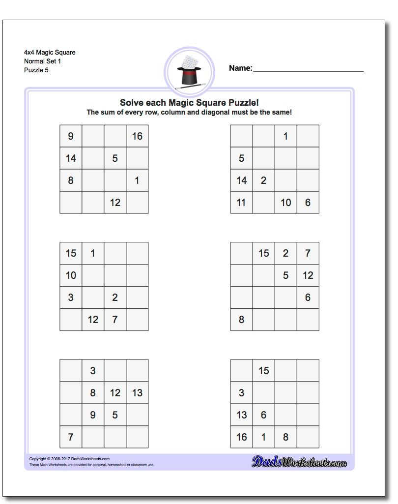 4X4 Magic Square Normal Set 1 Worksheet #magic #square #worksheet - Printable Sudoku Puzzles 4X4