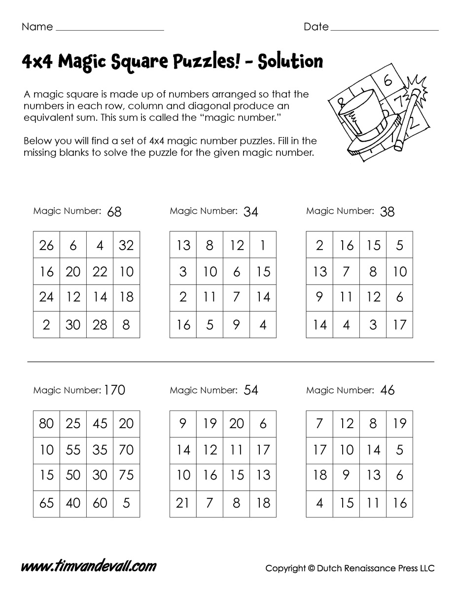 4X4 Magic Square Worksheet - Tim&amp;#039;s Printables - Printable Puzzles 4X4