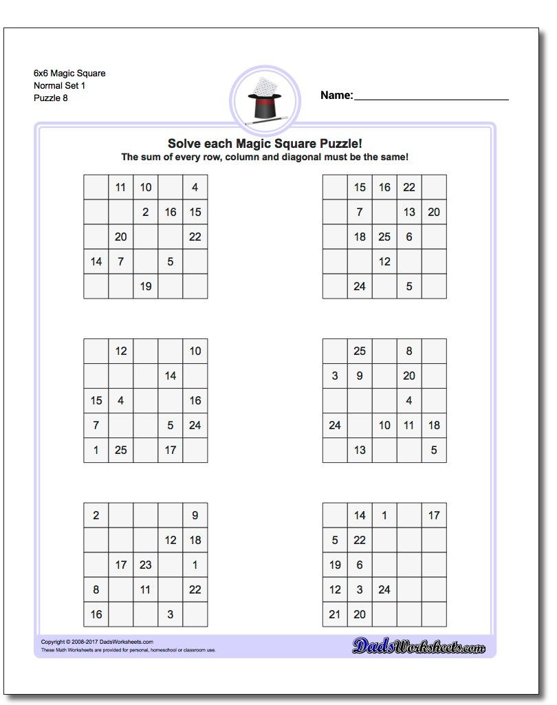 6X6 Magic Square Normal Set 1 Worksheet #magic #square #worksheet - Printable Kenken Puzzles 6X6