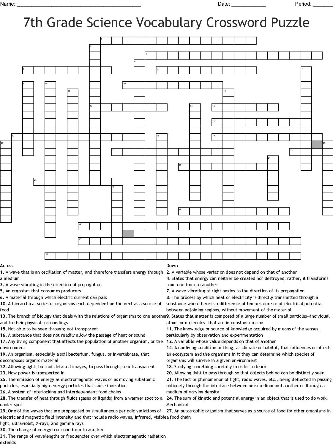 Crossword Puzzle Printable 6th Grade Printable Crossword Sixth Grade 