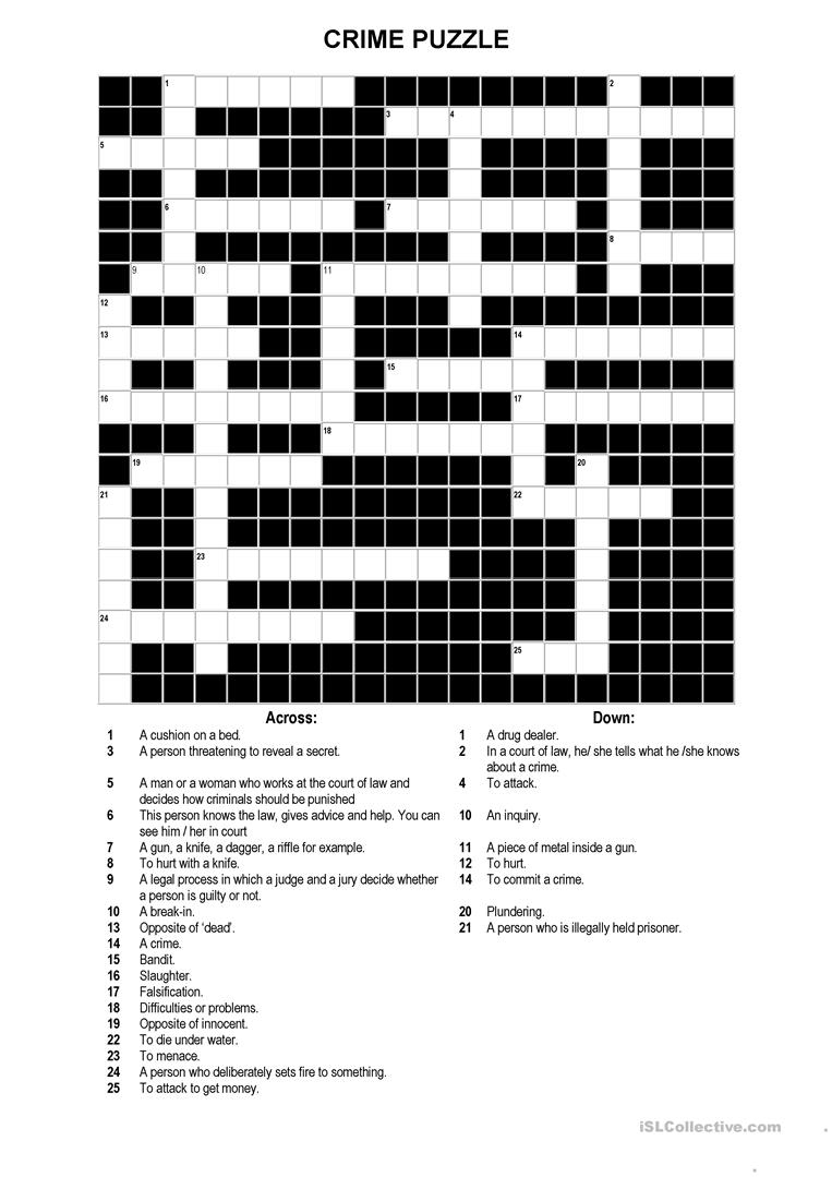 A Crossword Puzzle On Crime Worksheet - Free Esl Printable - Printable Crossword Puzzles Intermediate