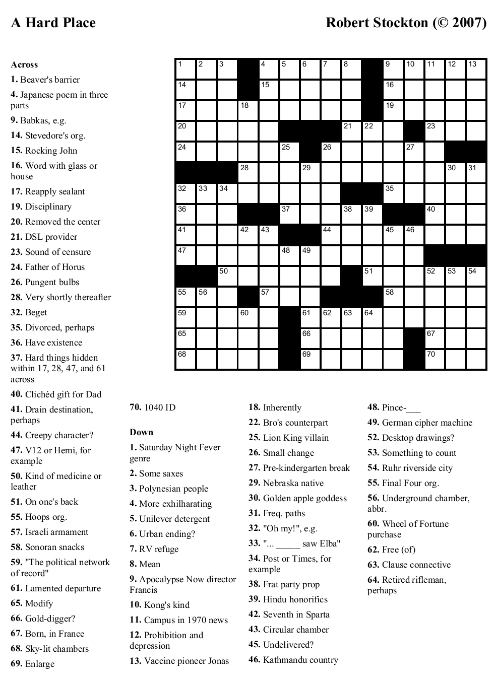 A Hard Puzzle To Solve - An Enigma | Nouns And Lots More! | Free - Crossword Puzzle Printable Hard