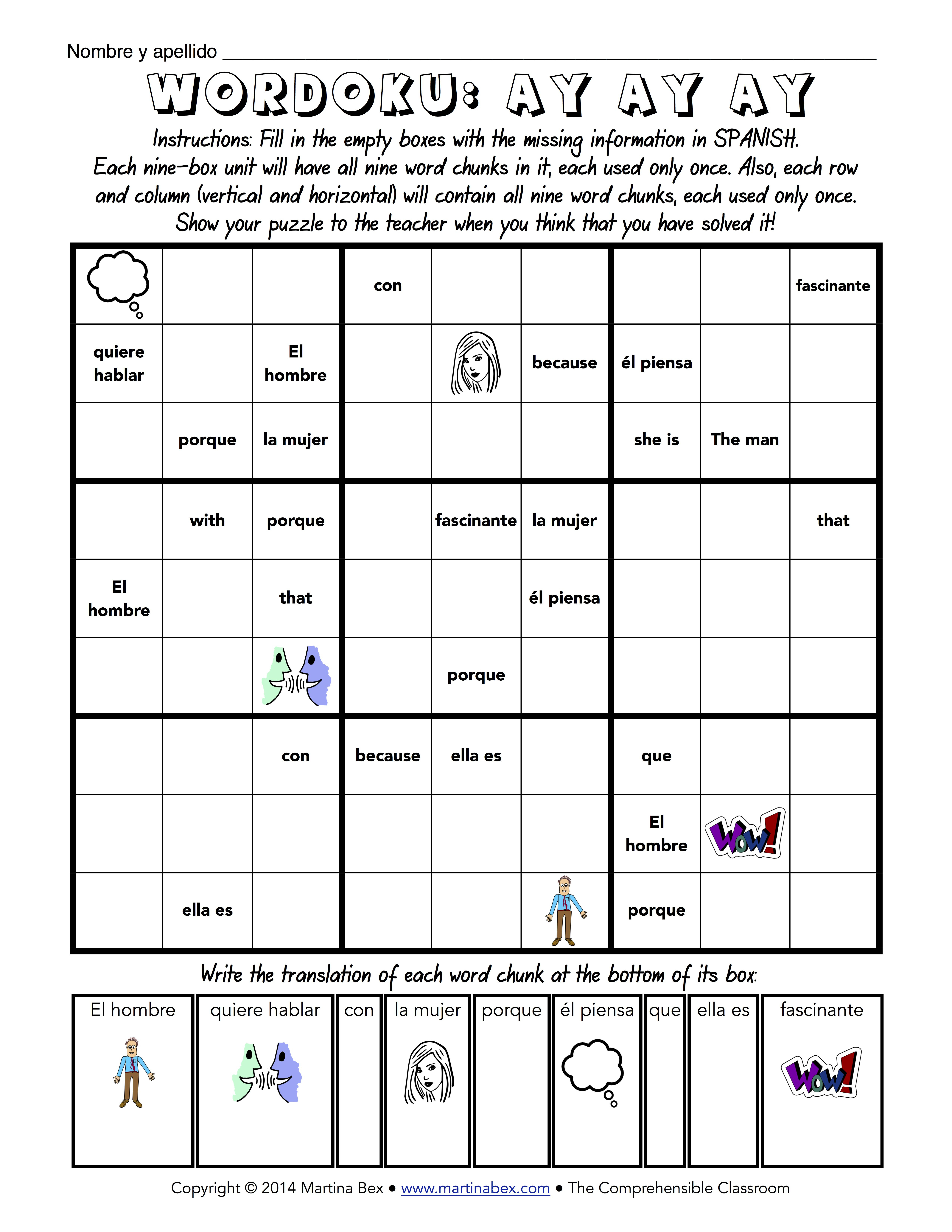 A New Way To Wordoku | Español | Spanish Classroom Activities - Printable Wordoku Puzzles