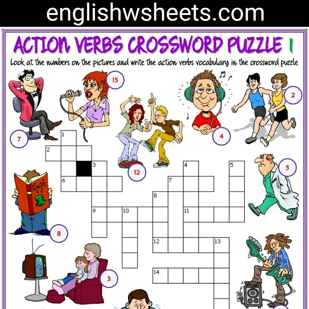 Action Verbs Esl Printable Crossword Puzzle Worksheets For Kids - Printable Lexicon Puzzles