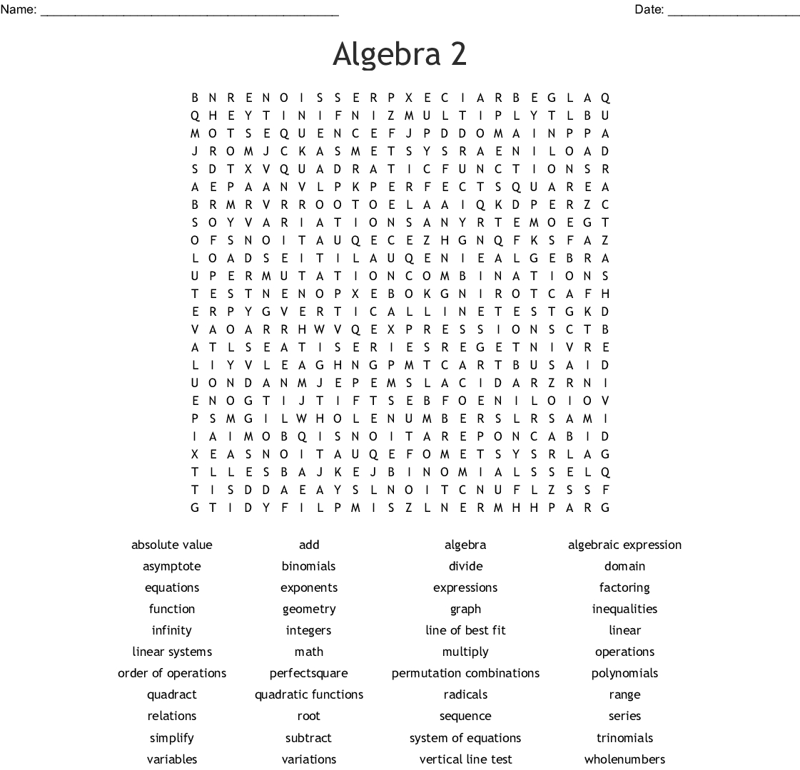 Algebra 2 Word Search - Wordmint - Algebra 2 Crossword Puzzles Printable