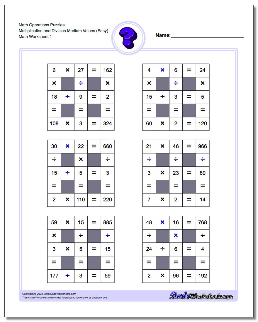 All Operations Logic Puzzles With Missing Operations (Medium) - Printable Puzzle Grid