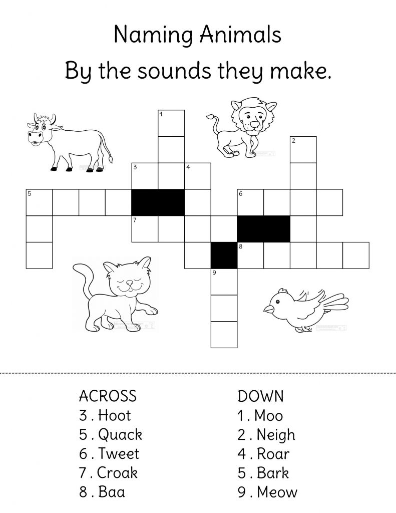 Animals And Their Sounds Crossword Puzzle. - Crossword Puzzles For Kids - Animal Crossword Puzzle Printable