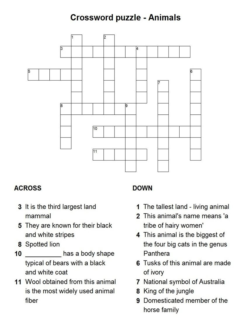 Animals Puzzle - Printable Crossword Puzzle Animals