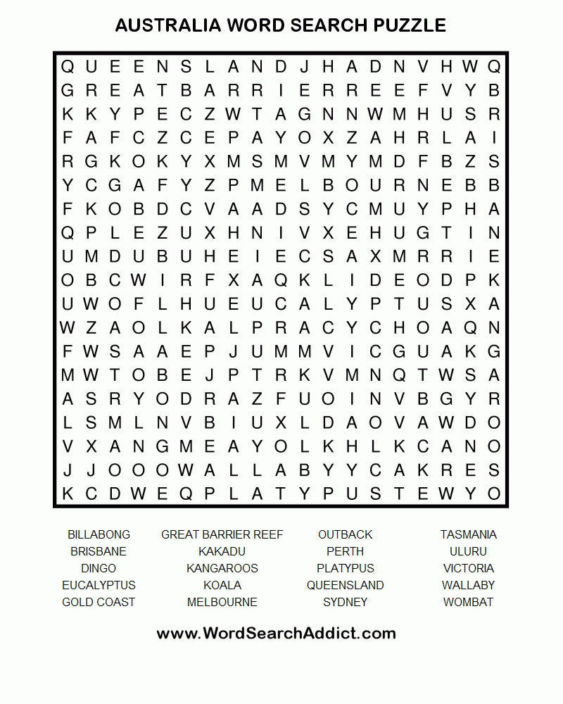 Australia Printable Word Search Puzzle - Printable Puzzles For Older Adults