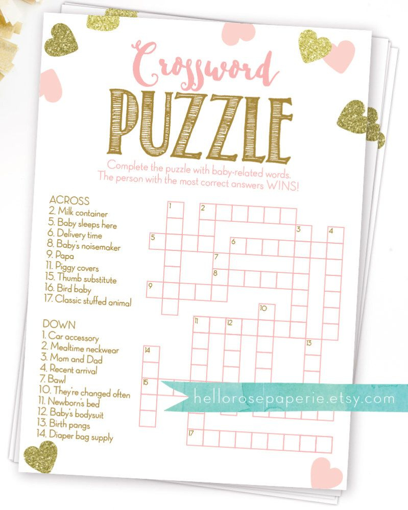 Baby Shower Crossword Puzzle Game . Pink And Gold Girl Baby Shower - Printable Baby Shower Crossword Puzzle Game