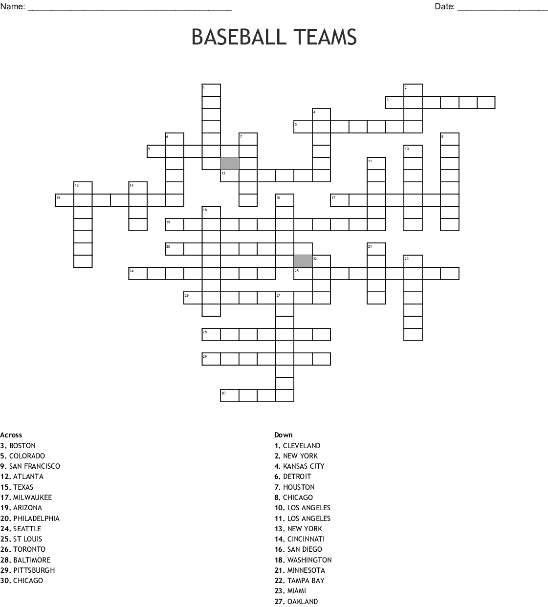 Baseball Teams Crossword - Wordmint - Baseball Crossword Puzzle Printable