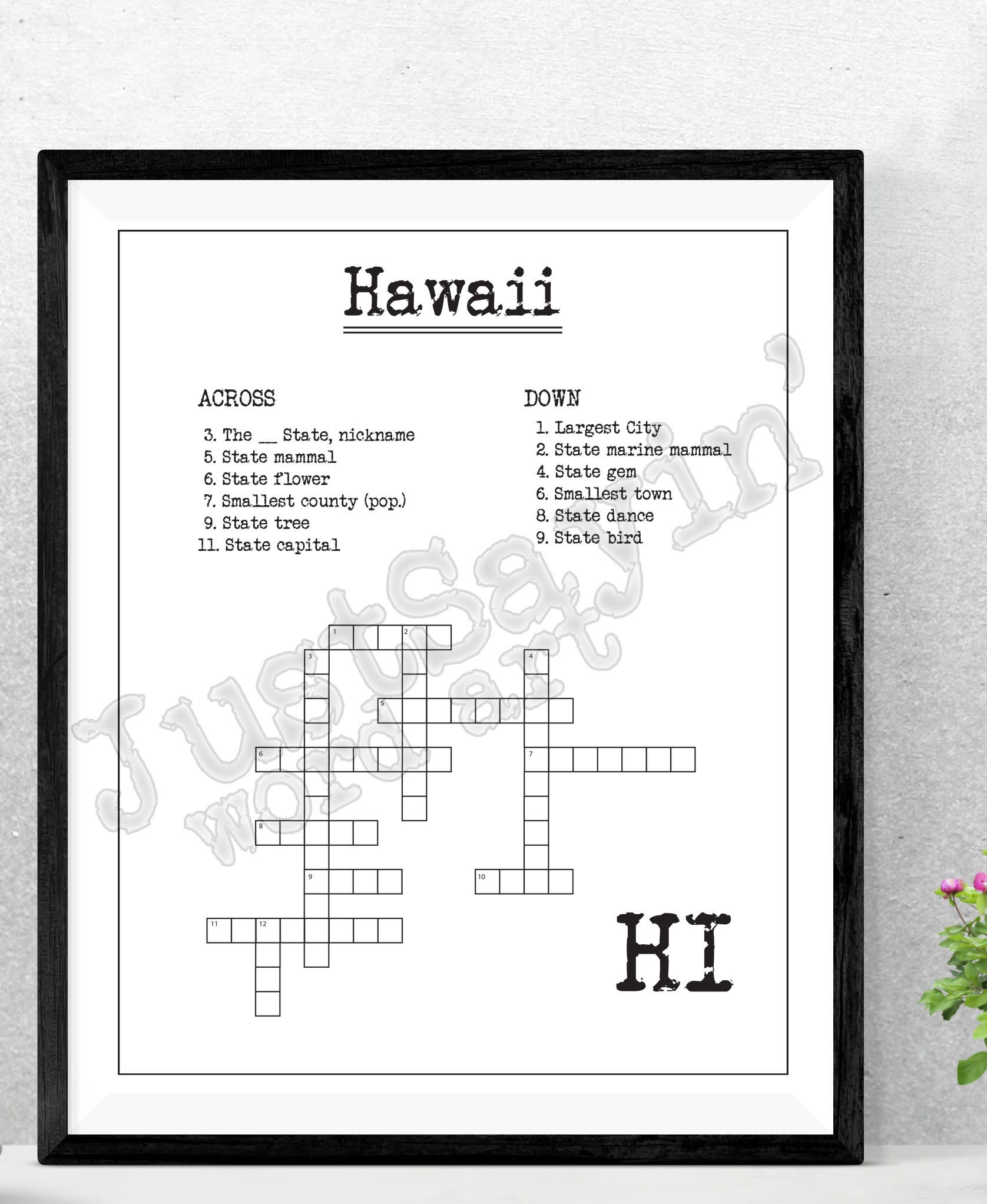 Bathroom Or Anywhere Crossword Puzzle Art Print Hawaii State | Etsy - Printable 50 States Crossword Puzzles