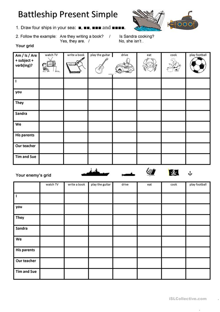 Battleship- Present Continuous Worksheet - Free Esl Printable - Printable Battleship Puzzles