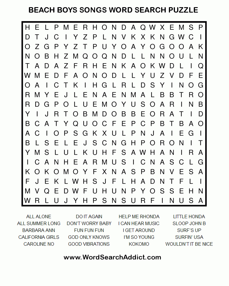 Beach Boys Songs Word Search Puzzle | Coloring &amp;amp; Challenges For - Printable Beach Crossword Puzzles