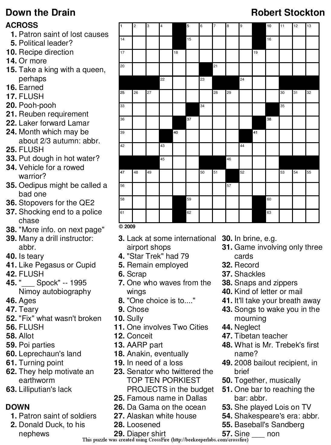 Beekeeper Crosswords » Blog Archive » Crossword #98: “Down The Drain” - Printable Crossword Puzzles 2010