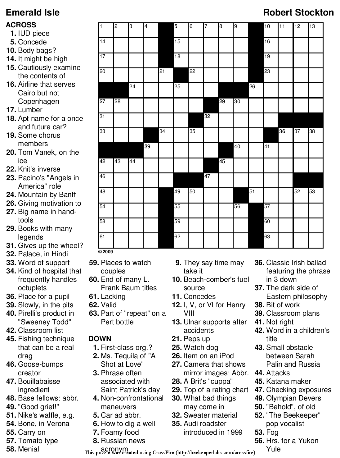 Beekeeper Crosswords » Blog Archive » Puzzle #89: “Emerald Isle” - Will Shortz Crossword Puzzles Printable