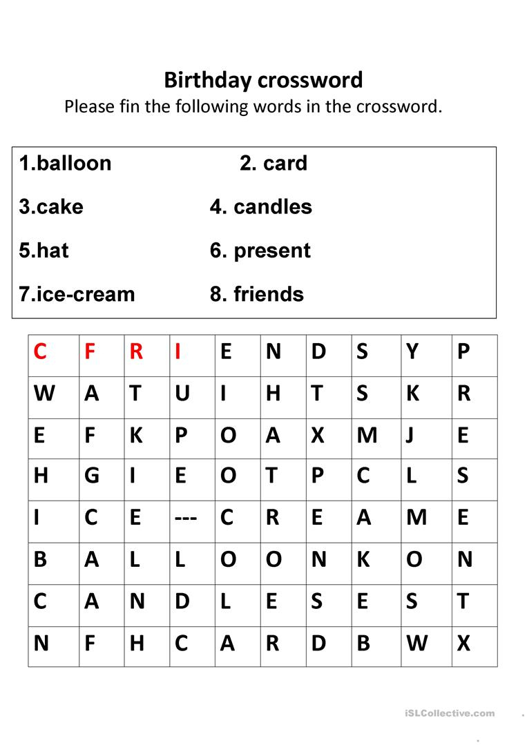 Birthday Crosswords Worksheet - Free Esl Printable Worksheets Made - Printable Birthday Crossword Puzzles