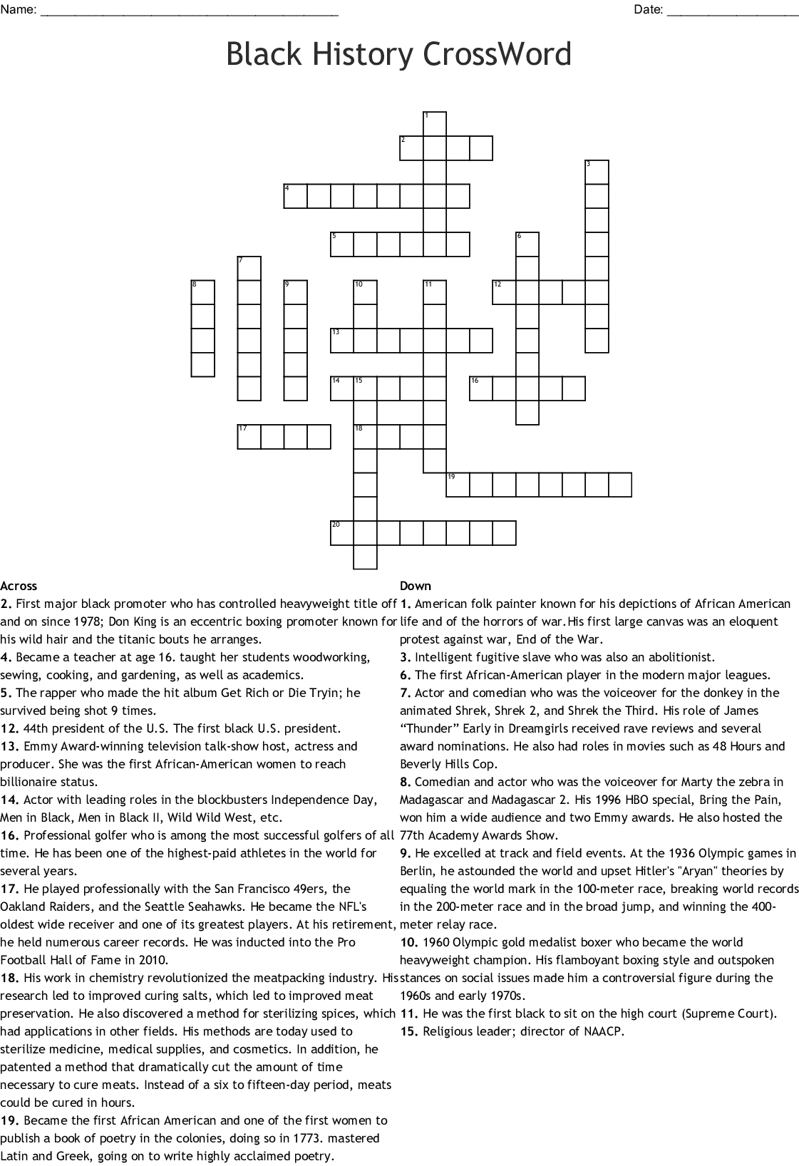 Black History Crossword - Wordmint - Black History Crossword Puzzle Printable