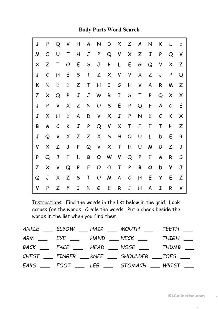 Body Parts Word Search Puzzle Worksheet - Free Esl Printable - Printable Puzzle Worksheets