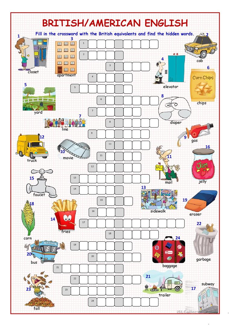 British/american English Crossword Puzzle Worksheet - Free Esl - Worksheet English Puzzle