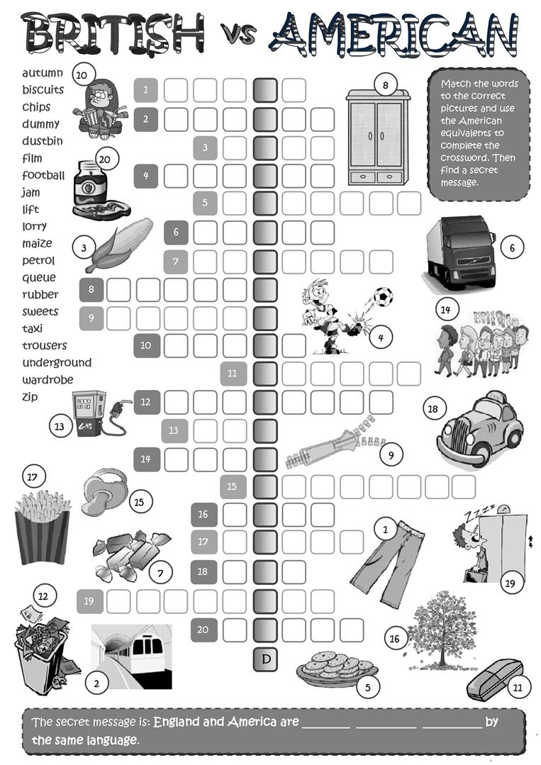 British Vs American English - Crossword Worksheet - Free Esl - Printable Crossword Uk