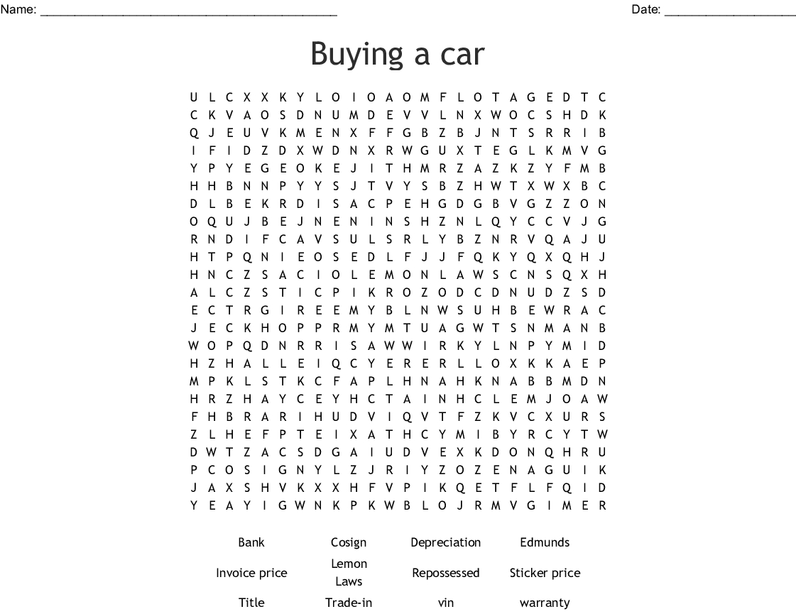 Buying A Car Word Search - Wordmint - Car Crossword Puzzles Printable