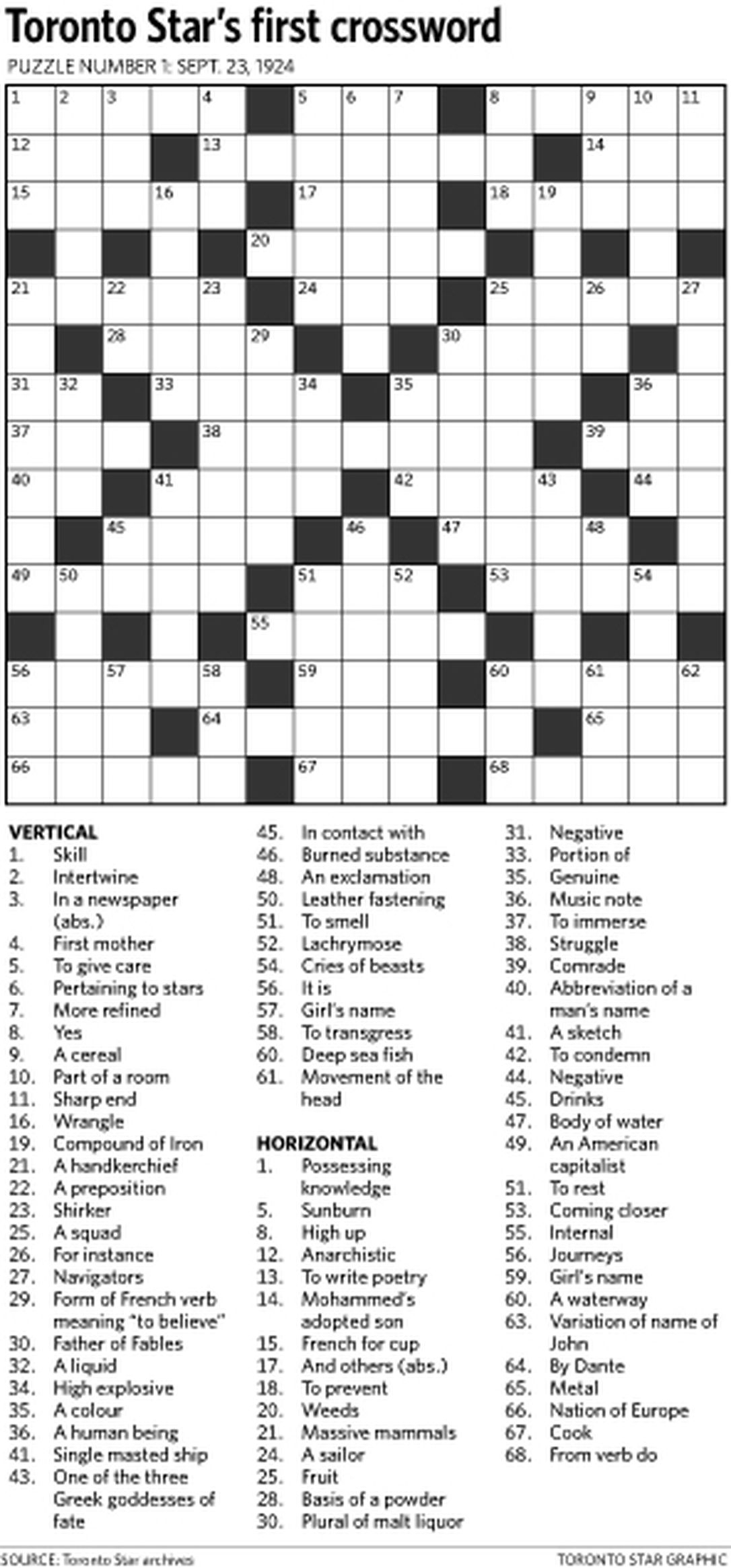 Can You Solve The Star&amp;#039;s First Ever Crossword Puzzle From 1924 - Printable Crossword Puzzles Toronto Star