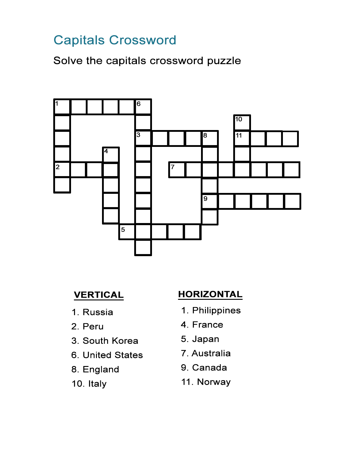 Capital Cities Quiz: Fill In The Country's Capital In The Crossword - Printable Crossword Puzzles In Italian