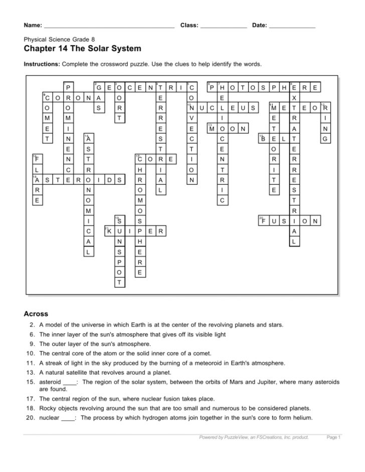 Solar System Crossword Puzzle Printable