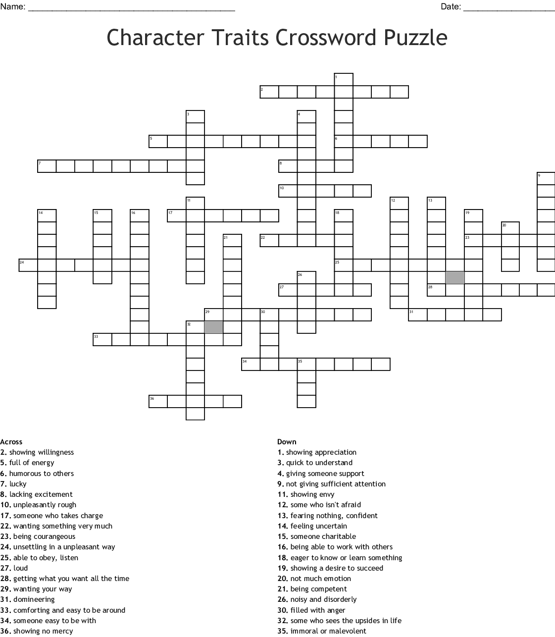 Printable Character Traits Crossword Puzzle Printable Crossword Puzzles