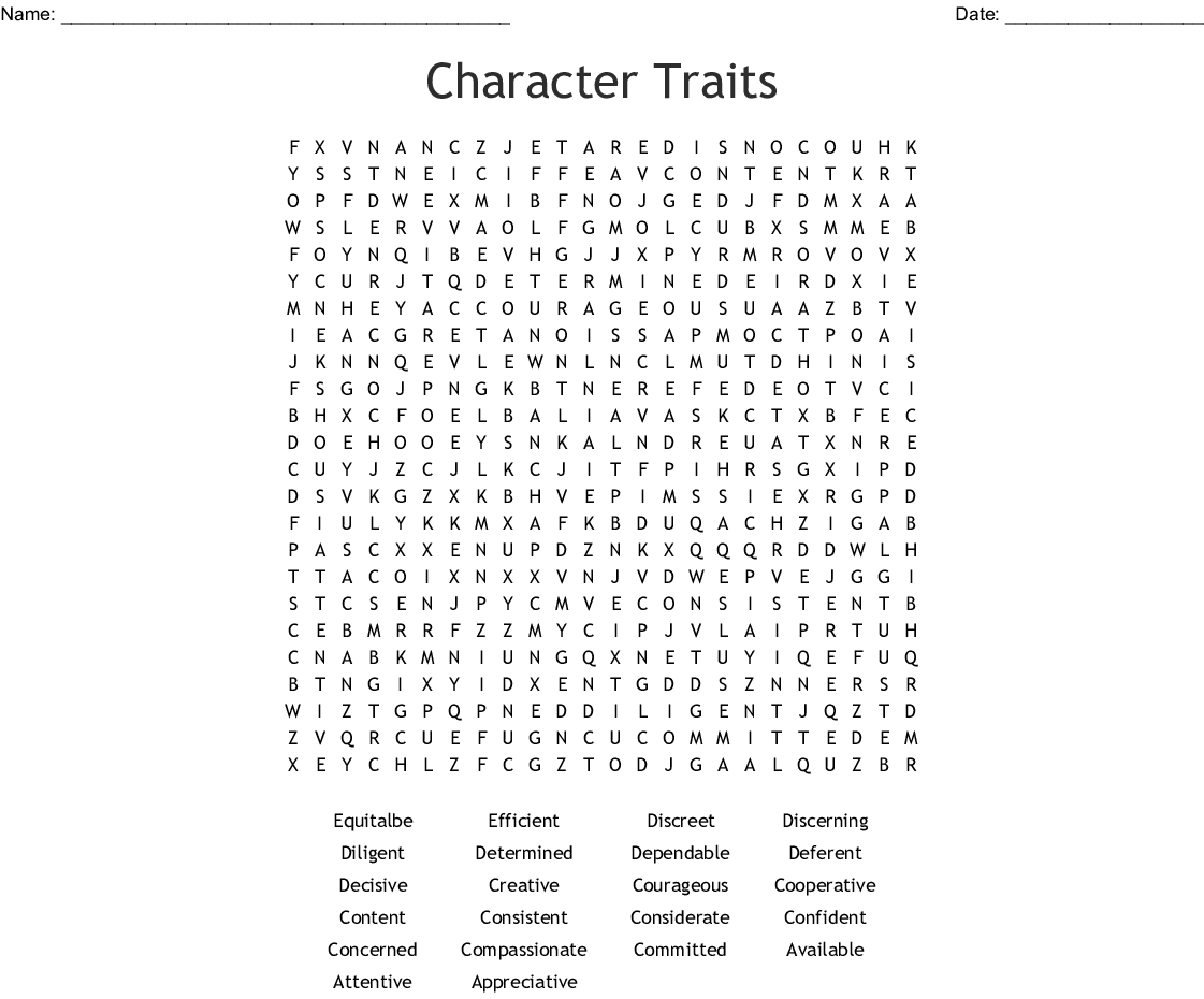 Character Traits Word Search - Wordmint - Printable Character Traits Crossword Puzzle