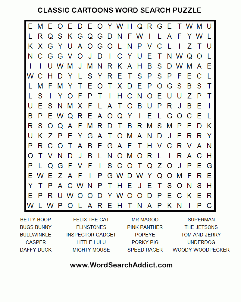 Classic Cartoons Printable Word Search Puzzle - Printable Cartoon Crossword Puzzles