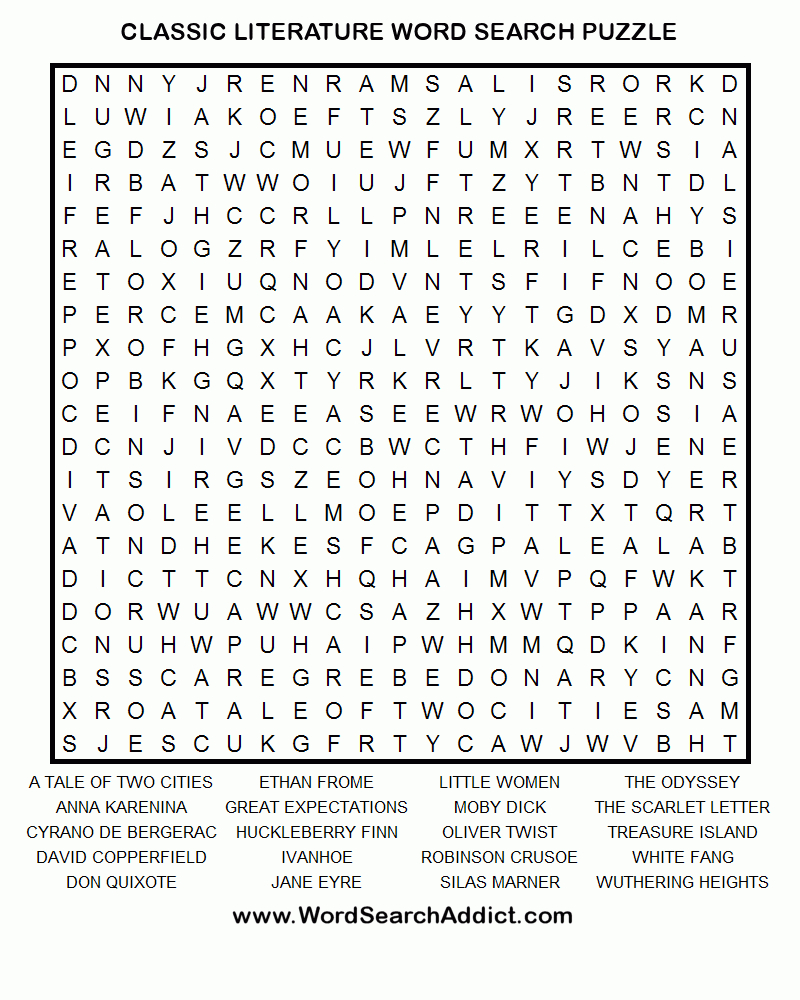 Classic Literature Printable Word Search Puzzle - Printable Puzzle Book Pdf