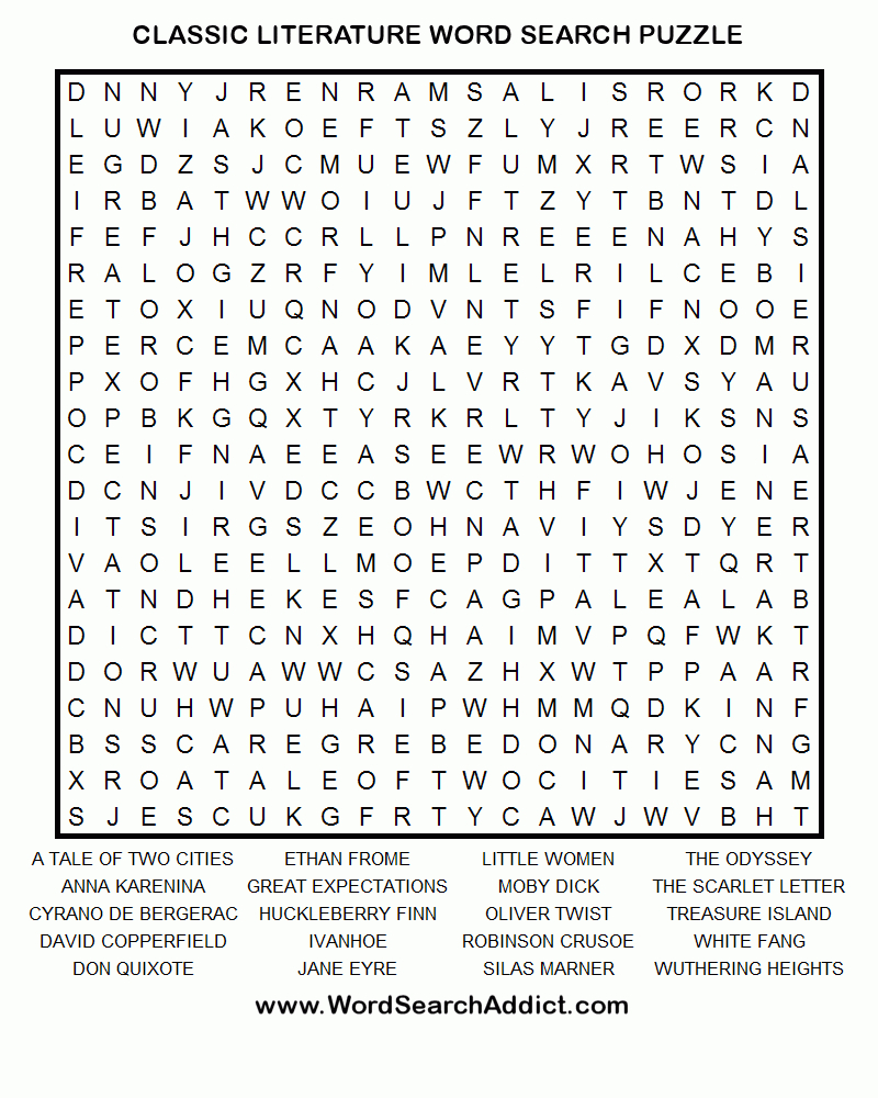 Classic Literature Printable Word Search Puzzle - Printable Word Puzzles For Seniors