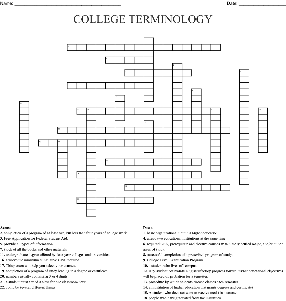 College Terminology Crossword - Wordmint - College Crossword Puzzle Printable