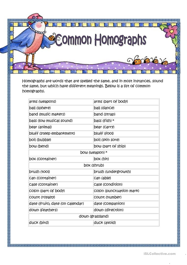 Common Homographs Worksheet - Free Esl Printable Worksheets Made - Printable Homograph Puzzles