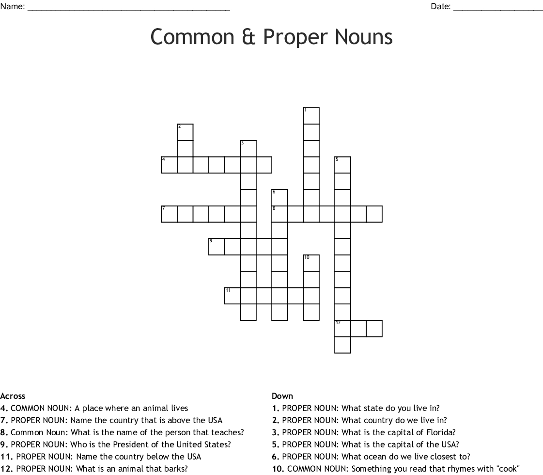 Common &amp; Proper Nouns Crossword - Wordmint - Printable Crossword #4