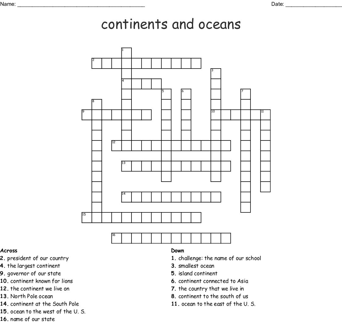 Continents And Oceans Crossword - Wordmint - Printable Ocean Crossword Puzzles