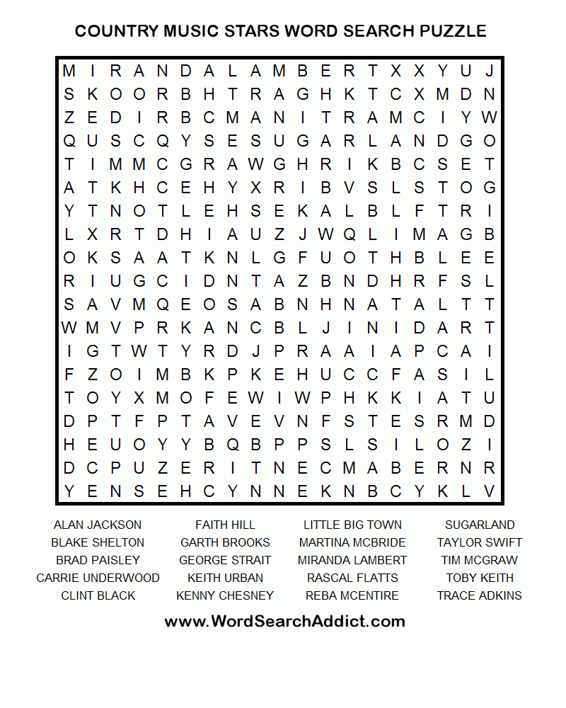 country music stars printable word search puzzle