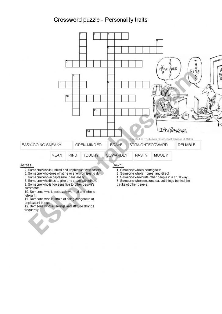 Printable Character Traits Crossword Puzzle