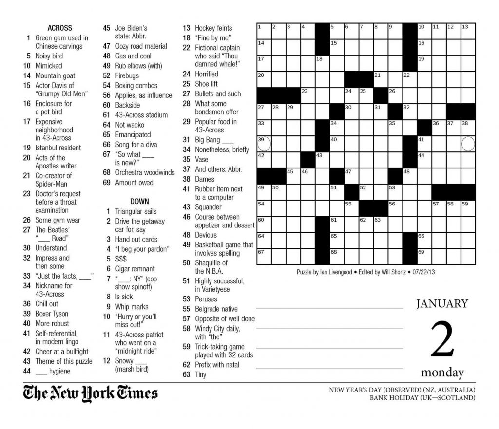 Crossword Puzzle Printable Ny Times Syndicated Answers New York