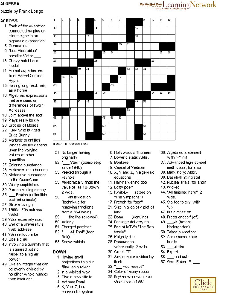 Crosswords: Algebra - Printable Crossword Puzzle Ny Times