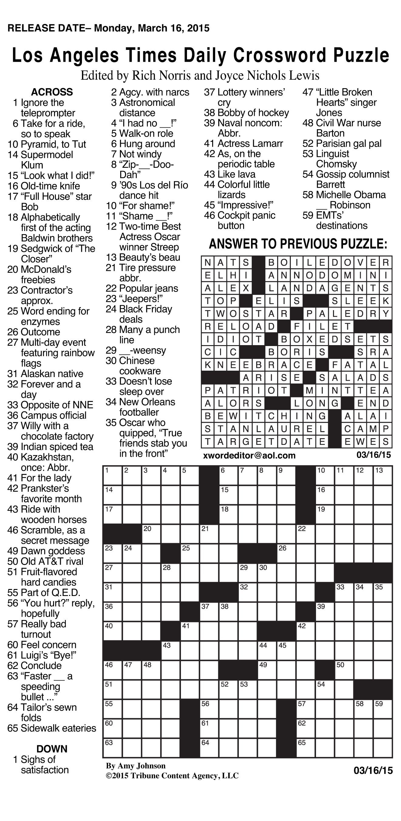 free daily printable crossword puzzles for adults