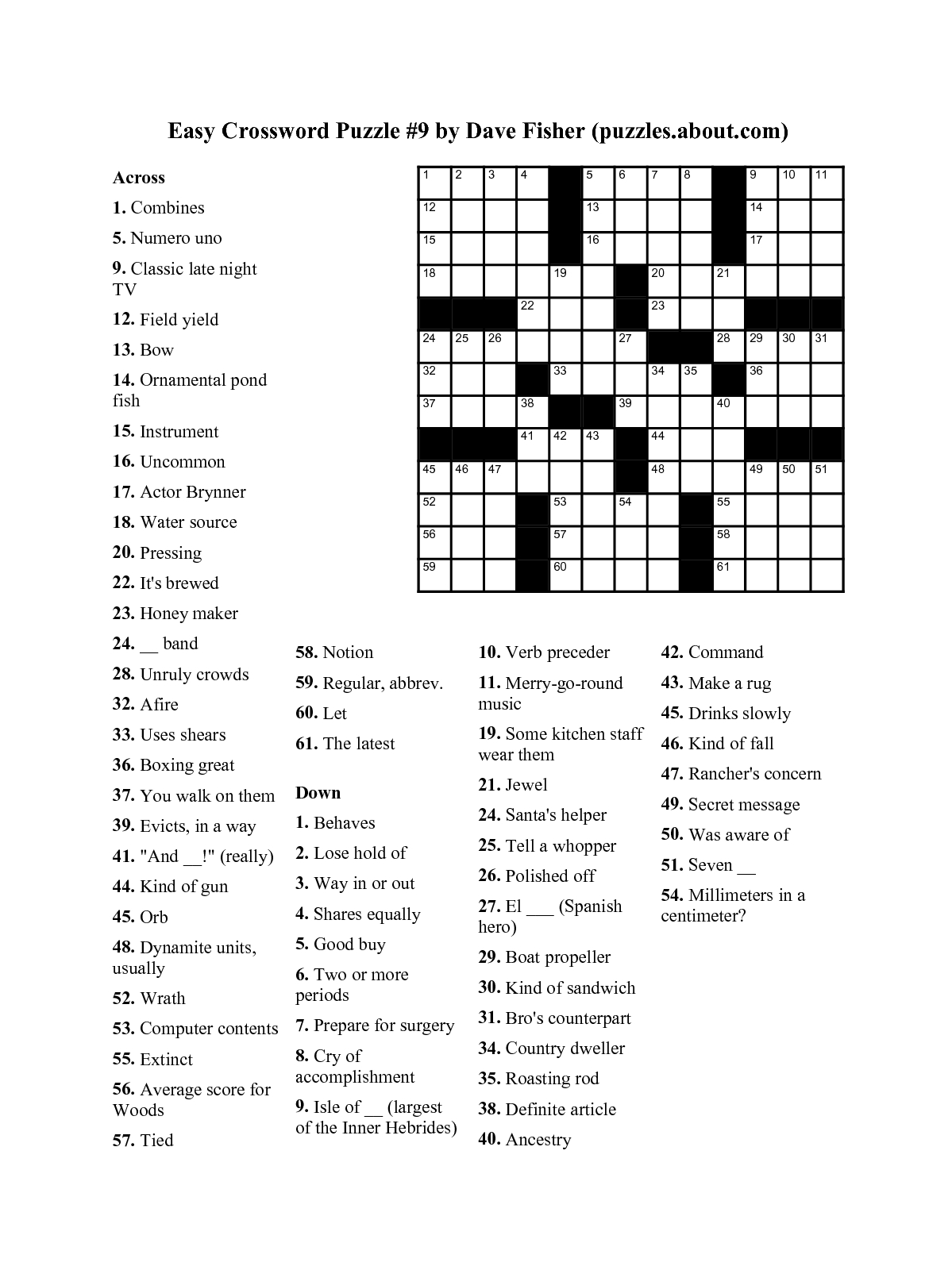 Easy Crossword Puzzle _9Dave Fisher _Puzzlesaboutcom_Lonyoo - Printable Crossword Puzzles Music