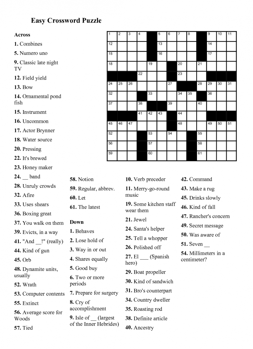 Easy Crossword Puzzles Printable Daily Template - Music Crossword Puzzles Printable